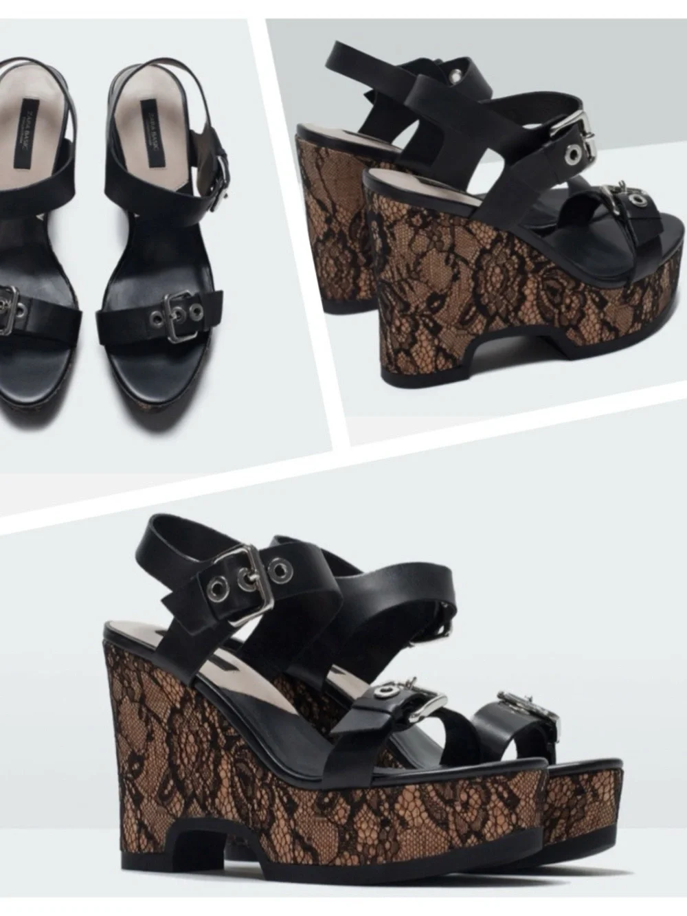Zara Black  Lace-Print Wedge Sandals - Women's Platform Heels size 36 US 5.5
